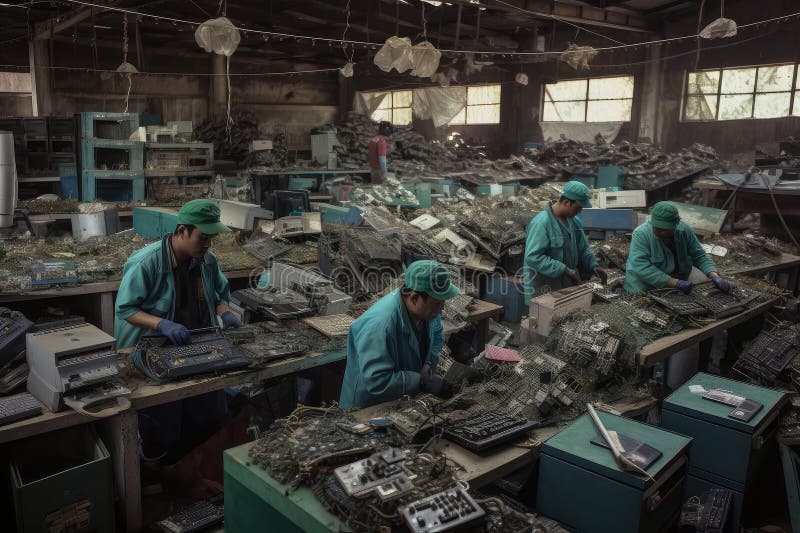 Ewaste Recycling Center, with Workers Sorting and Dismantling Devices