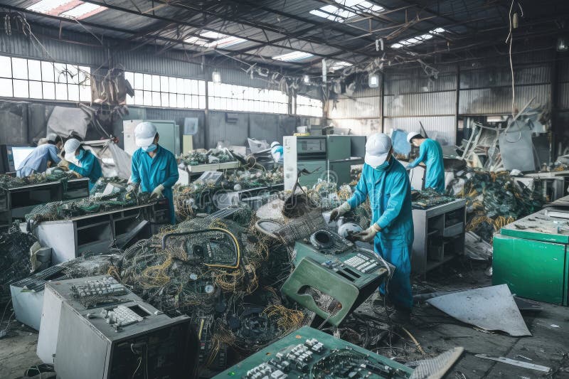 Ewaste Recycling Plant, with Workers Sorting and Dismantling Used