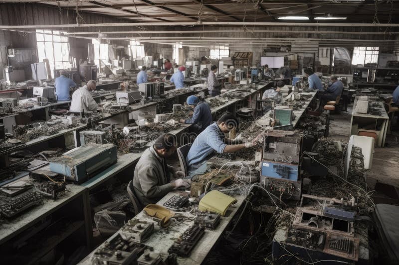 Ewaste Recycling Plant, with Workers Sorting and Dismantling Various