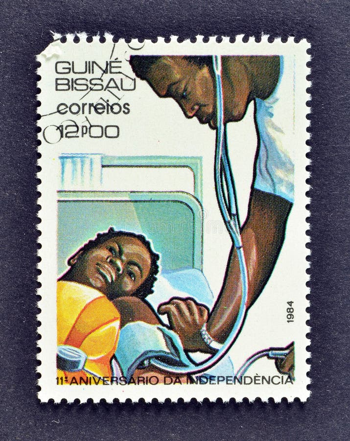 Cancelled postage stamp printed by Guinea Bissau, that shows Healthcare, celebrating 11th Anniversary of Independence, circa 1984. Cancelled postage stamp printed by Guinea Bissau, that shows Healthcare, celebrating 11th Anniversary of Independence, circa 1984.
