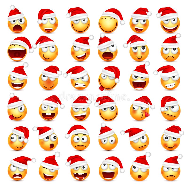 Smiley emoticon set. Yellow face with emotions and Christmas hat. New Year Santa.Winter emoji. Sad,happy,angry faces.Funny cartoon character mood. Vector. Smiley emoticon set. Yellow face with emotions and Christmas hat. New Year Santa.Winter emoji. Sad,happy,angry faces.Funny cartoon character mood. Vector