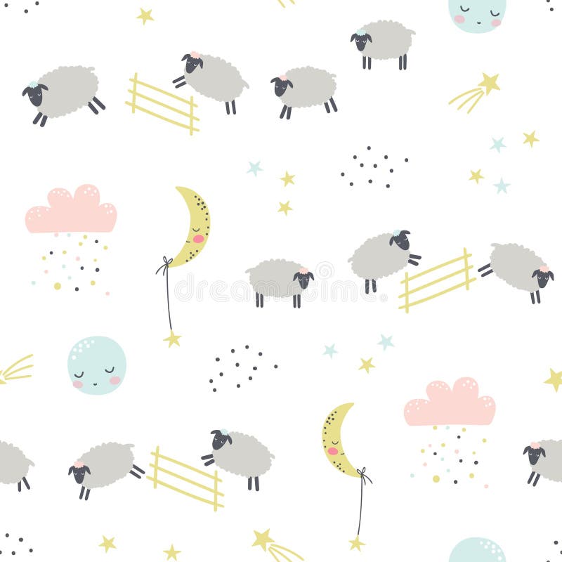 Good night. Childish seamless pattern with sheeps. Vector illustration. Use for textile, print, surface design, fashion kids wear. Good night. Childish seamless pattern with sheeps. Vector illustration. Use for textile, print, surface design, fashion kids wear