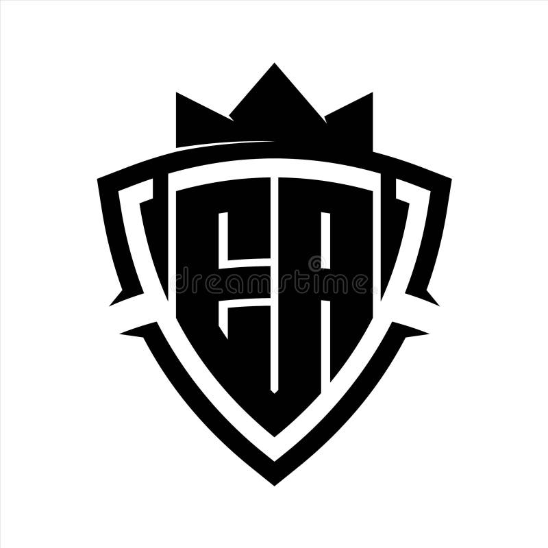 EA Letter bold monogram triangle curve shield shape with crown black and white background color design stock illustration