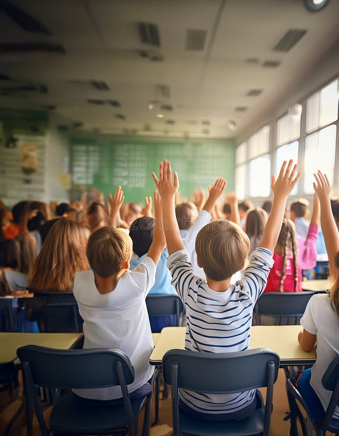 Eager students with hands raised in a bright, engaging classroom. Generative Ai royalty free illustration