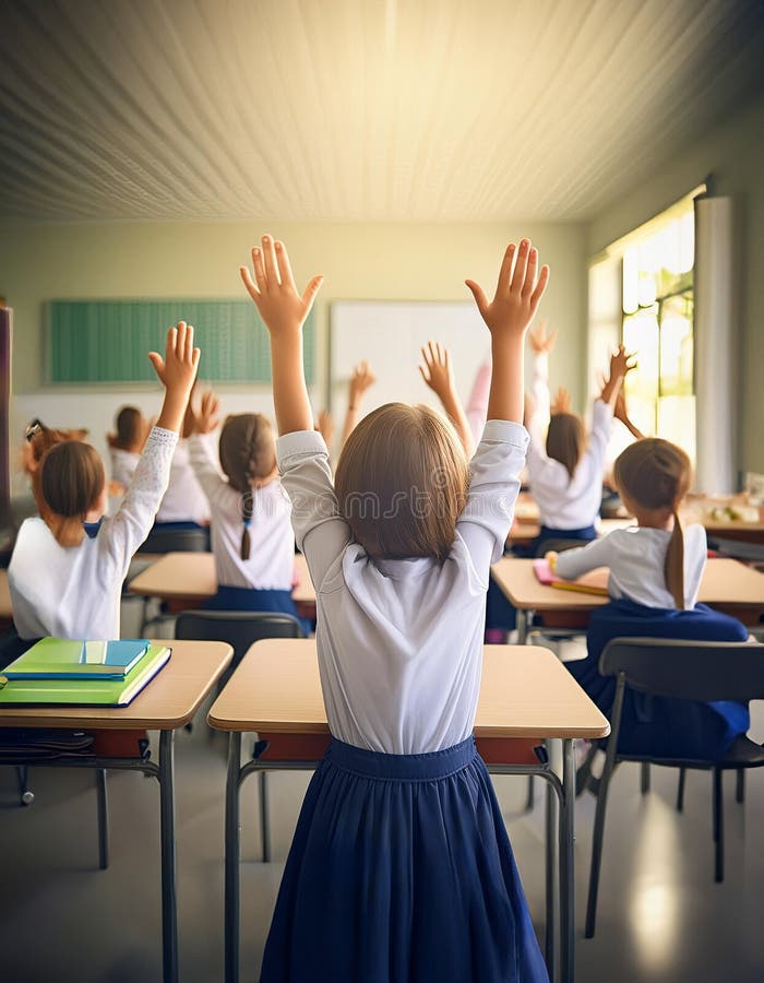 Eager students with hands raised in a bright, engaging classroom. Generative Ai stock illustration