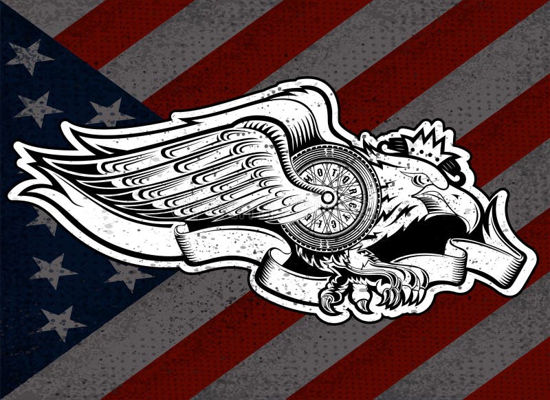 Eagle con la rueda de la moto con las alas y la cinta en fondo de la bandera de las barras y estrellas Diseño de la motocicleta d libre illustration Eagle con la rueda de la moto con las alas y la cinta en fondo de la bandera de las barras y estrellas Diseño de la motocicleta d libre illustration