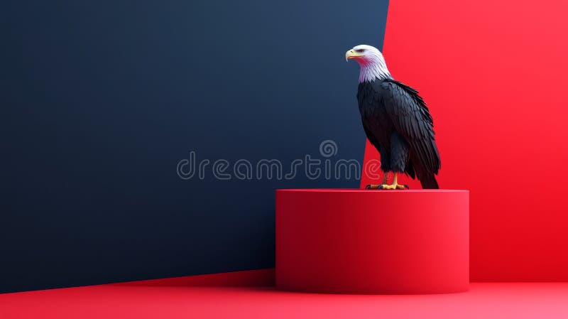 Eagle Display on Stylish Background A majestic eagle peringon a circular pedestal against a kontrasted bakgrund of red and and royaltyfri illustrationer
