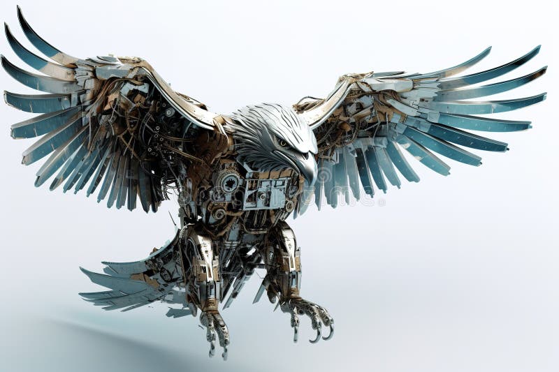 An Eagle Flying Made of Electronic Machinery on a White Background