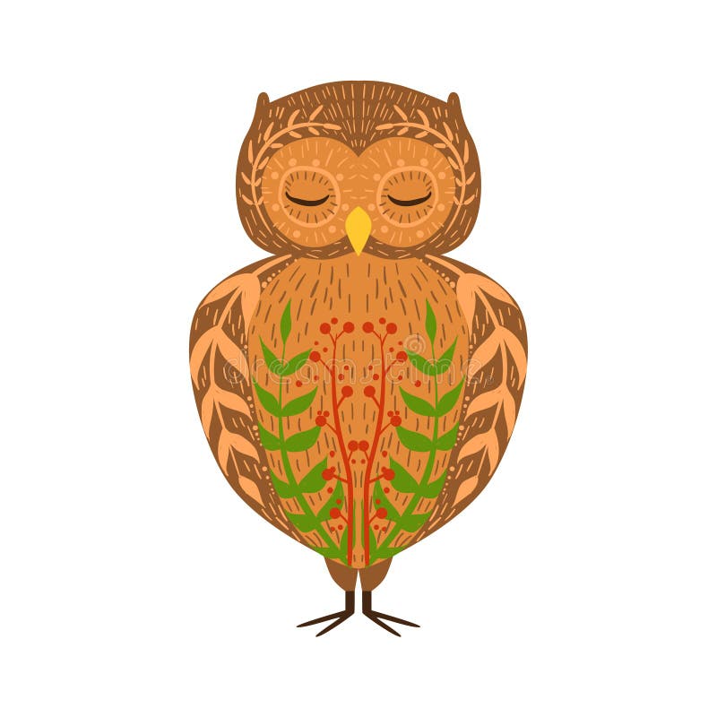 Eagle-Owl Relaxed Cartoon Wild Animal con los ojos cerrados adornados con motivos y modelos florales del estilo del inconformista