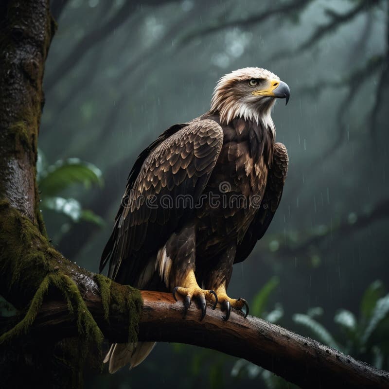 Eagle Perched on Tree in Misty Rainforest Cinematic Wildlife Photography in Ultra-HD stock photo