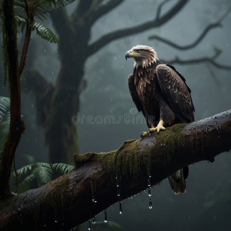 Eagle Perched on Tree in Misty Rainforest Cinematic Wildlife Photography in Ultra-HD stock image