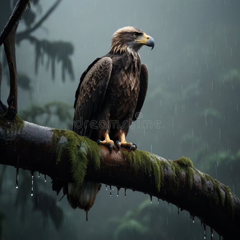 Eagle Perched on Tree in Misty Rainforest Cinematic Wildlife Photography in Ultra-HD royalty free stock photos