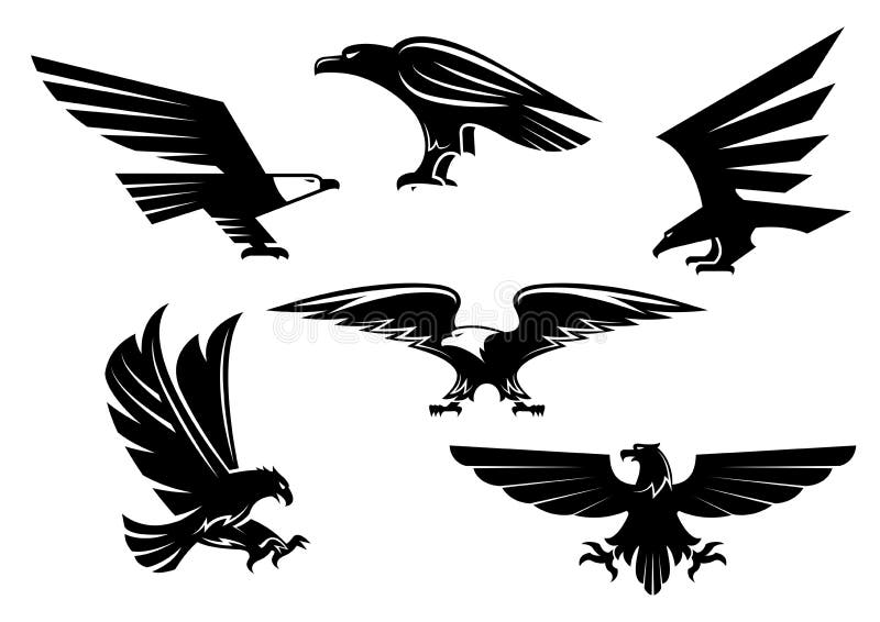 Bird icons set. Vector heraldic eagle or hawk isolated emblem. Gothic or imperial predatory falcon symbol with open spread wings and sharp clutches. Eagle or griffin heraldry sign for sport team mascot, military shield, security badge. Bird icons set. Vector heraldic eagle or hawk isolated emblem. Gothic or imperial predatory falcon symbol with open spread wings and sharp clutches. Eagle or griffin heraldry sign for sport team mascot, military shield, security badge