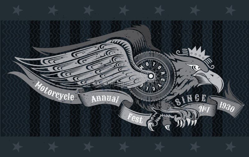 Eagle z motocyklu koła skrzydłami uskrzydla i faborek Rocznika motocyklu projekt na czerni ilustracja wektor Eagle z motocyklu koła skrzydłami uskrzydla i faborek Rocznika motocyklu projekt na czerni ilustracja wektor