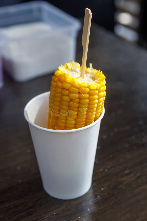An Ear of Boiled Corn in a Paper Cup Stock Photo Image of nutrition