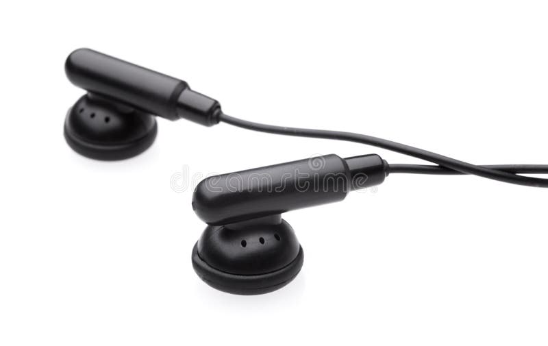 Black earbuds on white background with shadow