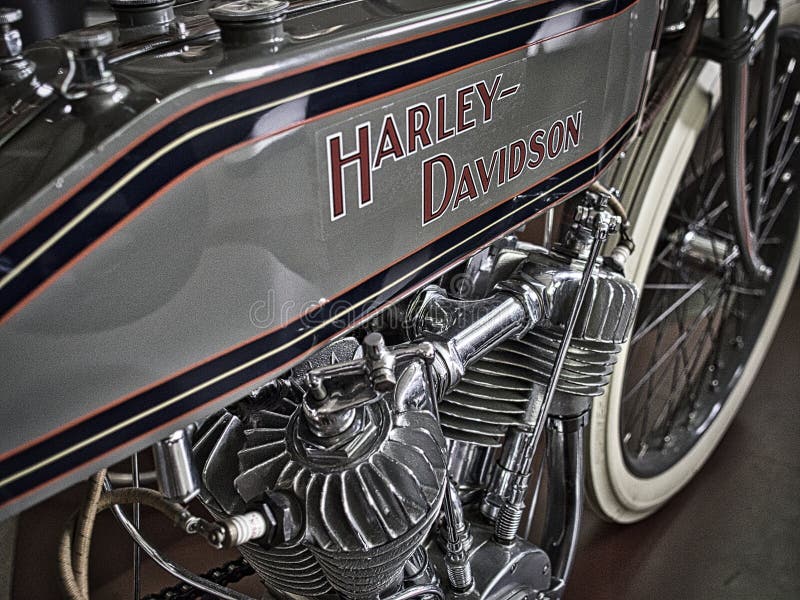 An early  Harley-Davidson 1914 up close of tank and top of the v twin engine. An early  Harley-Davidson 1914 up close of tank and top of the v twin engine