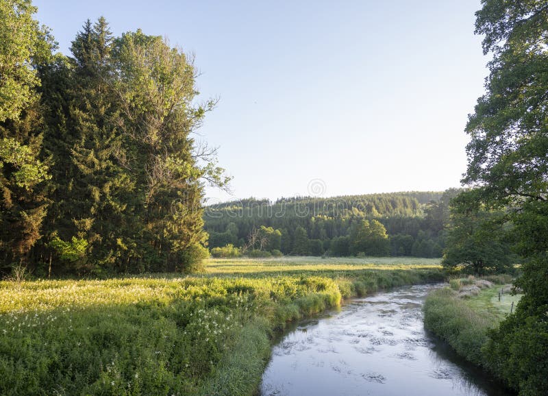 early moring landscape of fast flowing river ourthe occidental in belgian ardennes region in summer. early moring landscape of fast flowing river ourthe occidental in belgian ardennes region in summer