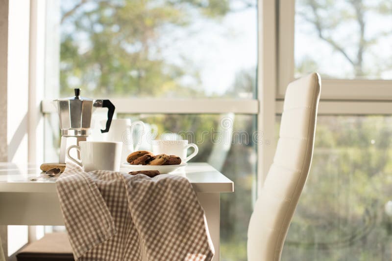 Early morning french home breakfast with coffee