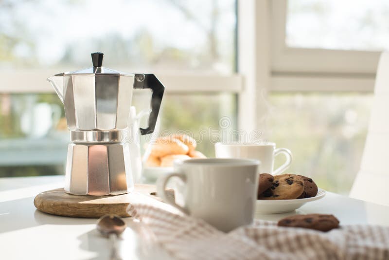 Early morning french home breakfast with coffee