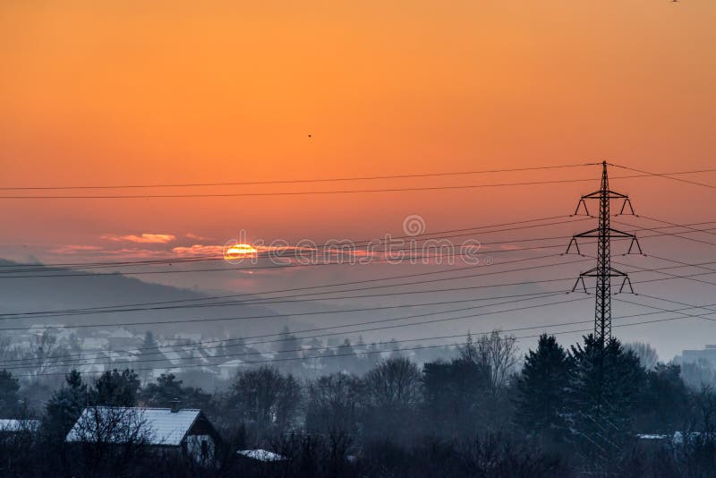 Early morning sunrise over small city district Bratislava