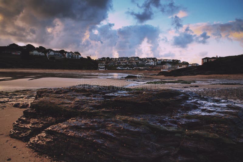 Early morning view of the beach at Polzeath Vintage Retro Filter