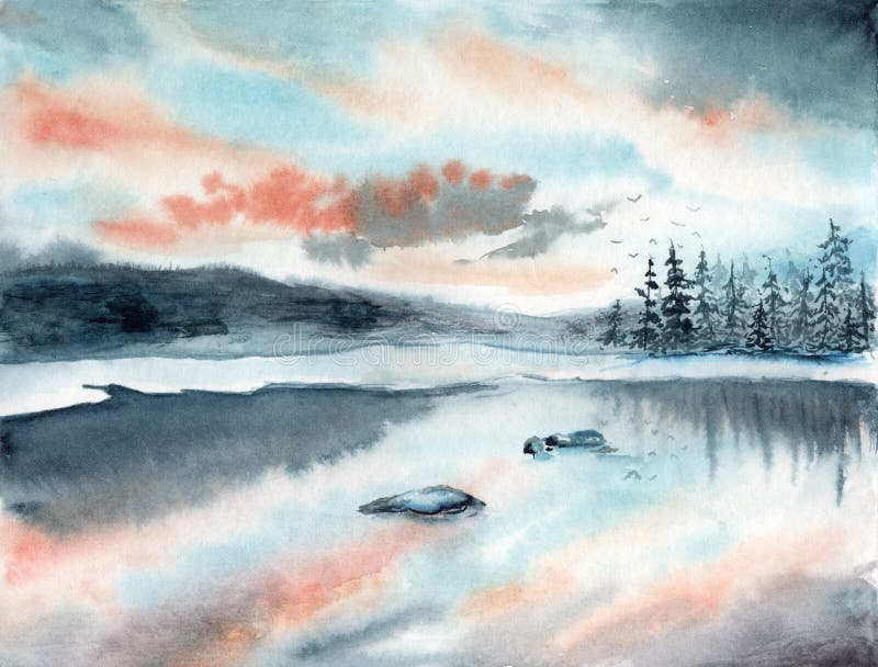 Early spring landscape with lake and threes