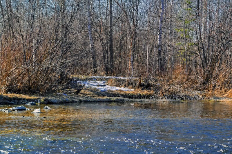 Early Spring Landscape Melts Ice on a Small River at the Edge of the