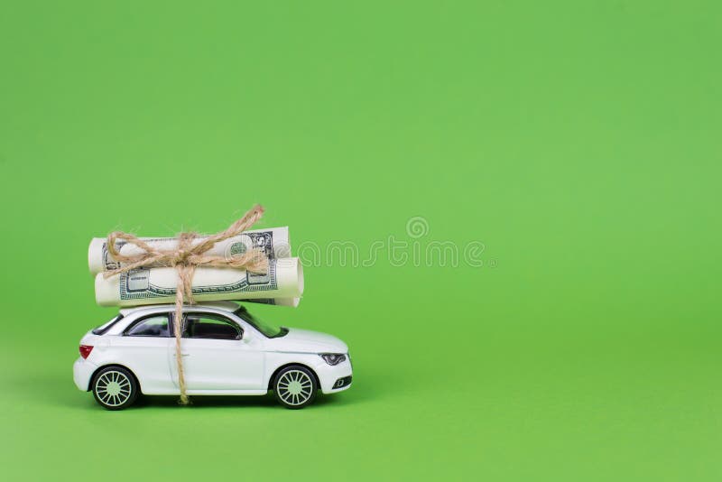 Earn cash with your car concept. Side profile full photo picture of small white car with rolls piles of usd money on top isolated bright color background with copyspace card.