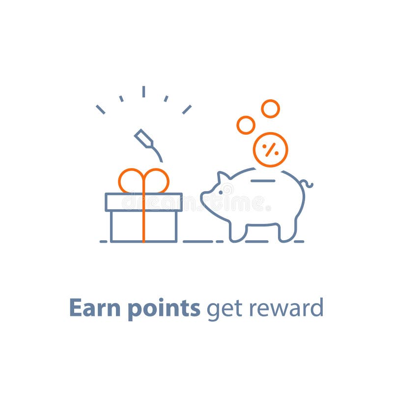 Loyalty program, earn points and get reward, marketing concept, piggy bank with coins and small gift box