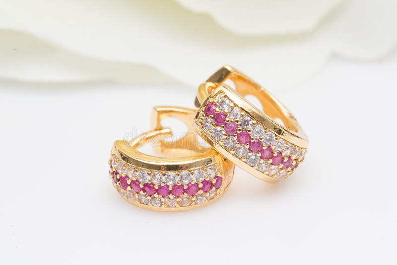 Earrings. Gold Hoop Earrings with Diamonds. Jewelry Stock Image - Image ...