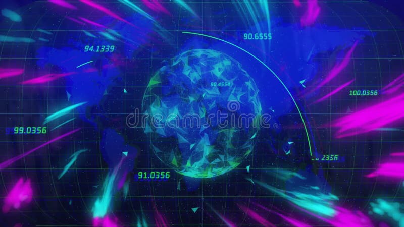 Earth with coordinates and data points, surrounded by colorful digital animation royalty free illustration