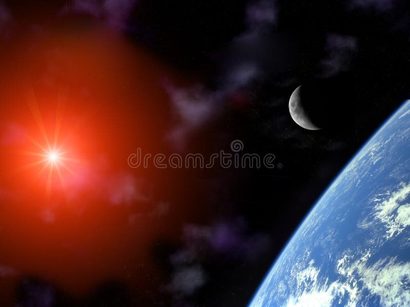 Pământ cu semilună și soare peste univers stock illustration
