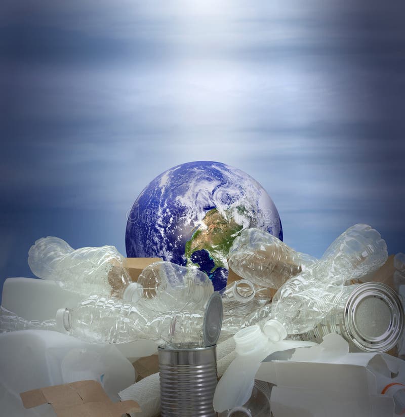 The Earth drowning in recyclable plastic and trash with storm background