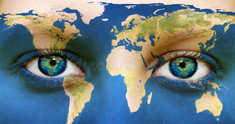 Earth Eyes. Portrait of a woman with the map of the world painted on her face Earth Eyes. Portrait of a woman with the map of the world painted on her face