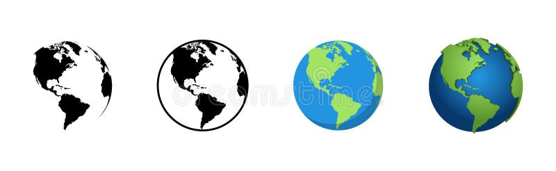 Earth Globe in different designs. World Map in circle. Earth Globes collection. World Map in modern simple styles. Earth Map
