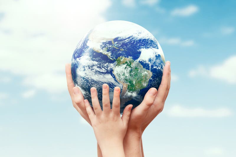 Earth globe in family hands. World environment day