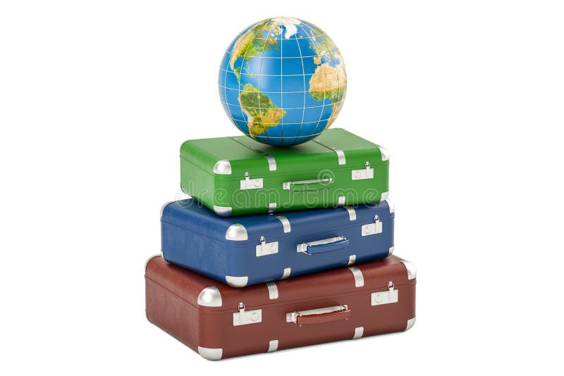 Earth Globe on heap of suitcases, travel concept. 3D rendering royalty free illustration