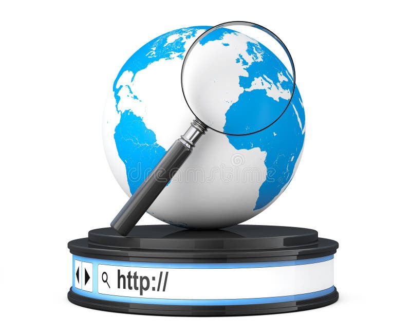 Earth Globe with Magnifier over Browser Address Bar as Round Pla stock illustration