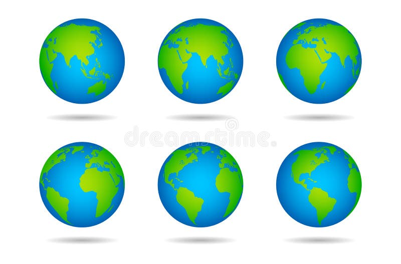 Earth globe. Sphere world map with continents on white background, globes from different angles, varios continents and