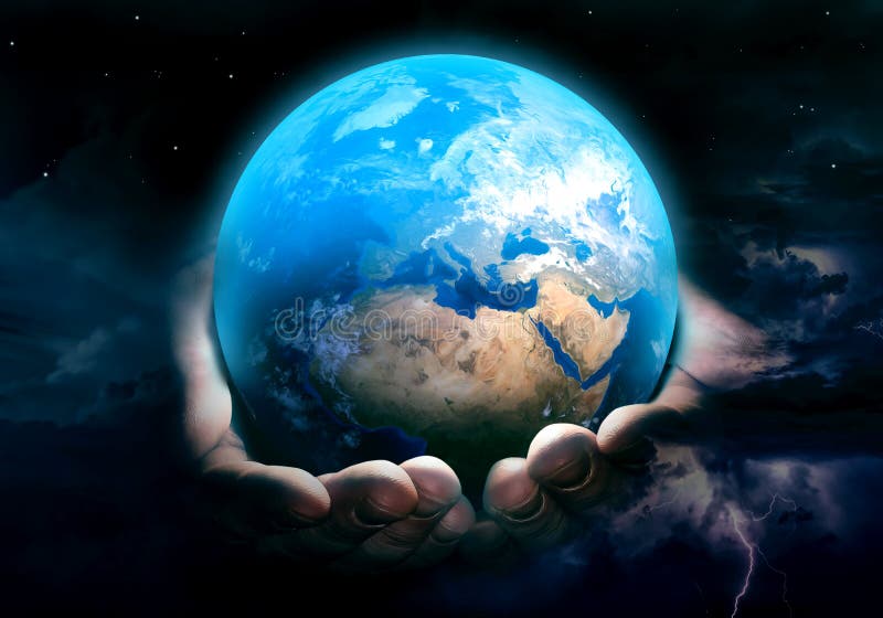 Earth in God`s hands art. stock illustration. Illustration of dark -  150873396