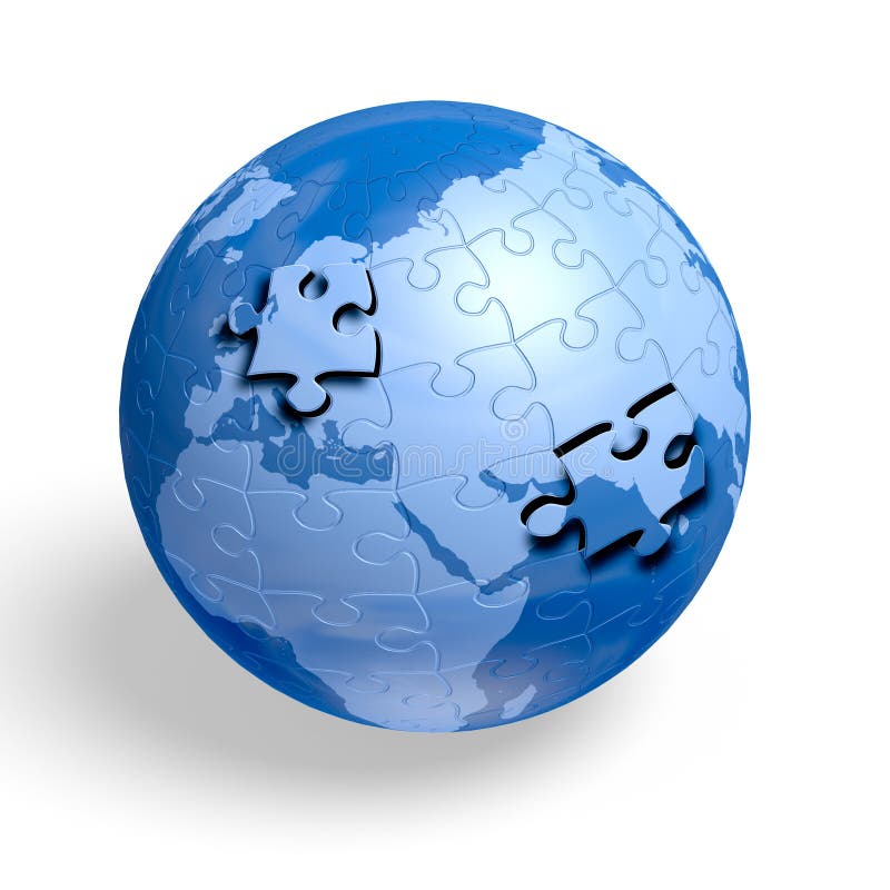 blue earth of puzzle with one piece missing, isolated white background, 3d  image, Stock image