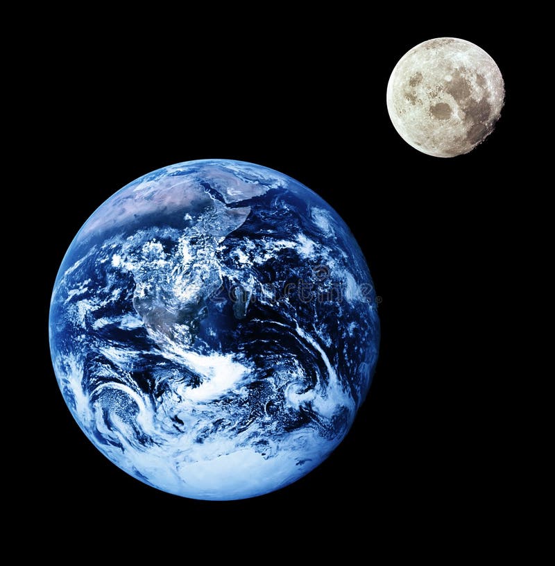 Composite image of earth and moon. Moon orbiting earth.