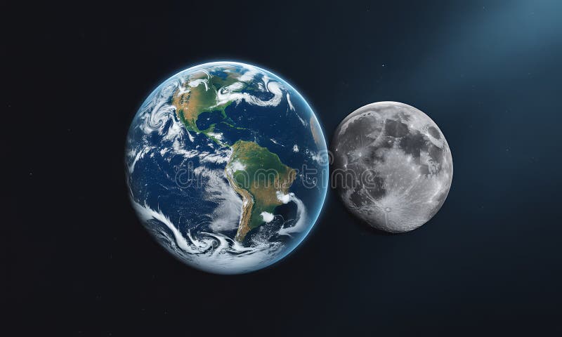 Earth and Moon Realistic 3D Render with Detailed Textures on a Dark Gradient Background Space Science Astronomy Astrophysics stock illustration