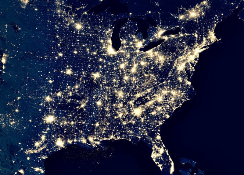 Earth at night, view of city lights in East of United States from space. USA on world map on global satellite photo. US terrain on dark planet. Elements of this image furnished by NASA