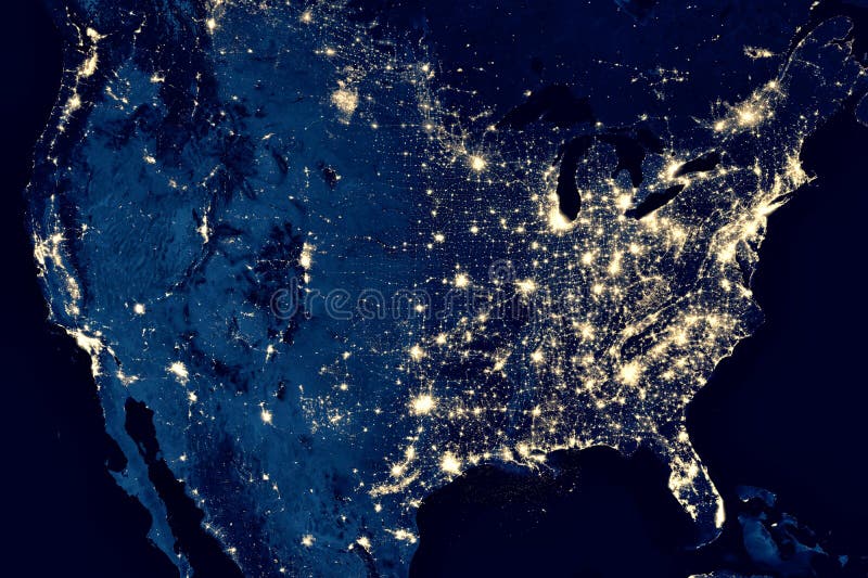 Earth at night, view of city lights in United States from space. USA on world map on global satellite photo. US terrain on dark planet. Elements of this image furnished by NASA