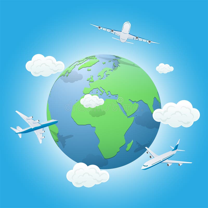 Three travel bag with clouds and plane Royalty Free Vector