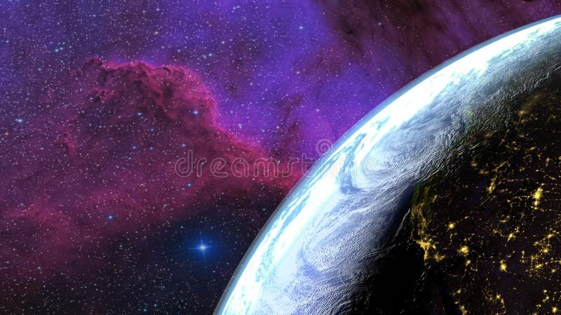 Earth seen from the sky. Transition day - night. Galaxy in the background. 3D Rendering stock illustration