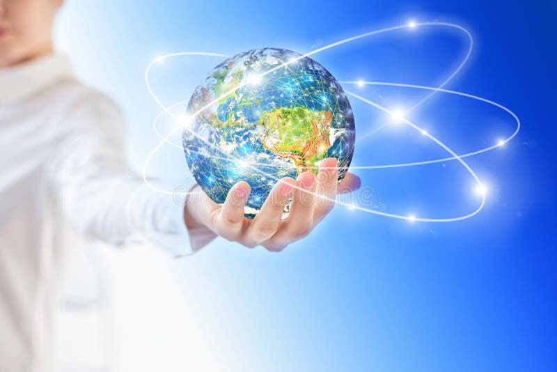 Earth from Space in hands, globe in hands Best Internet Concept of global business from concepts series. Elements of stock photos