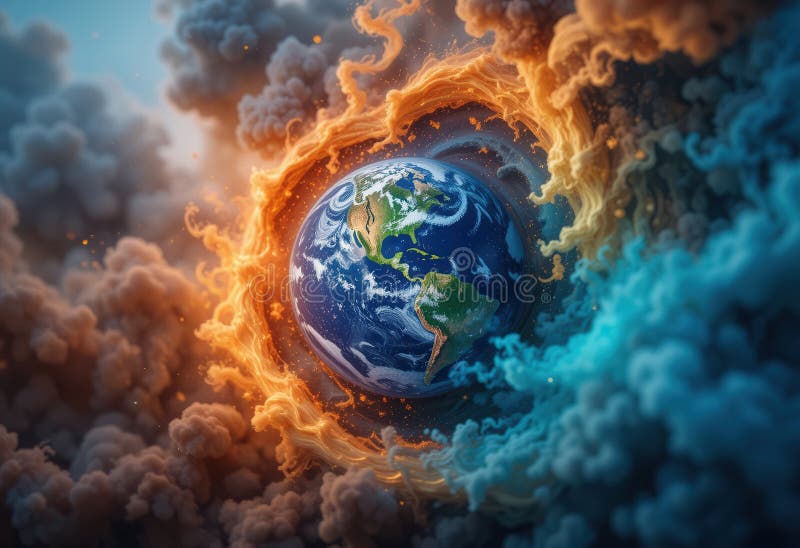 Earth surrounded by swirling elements of fire and water royalty free illustration